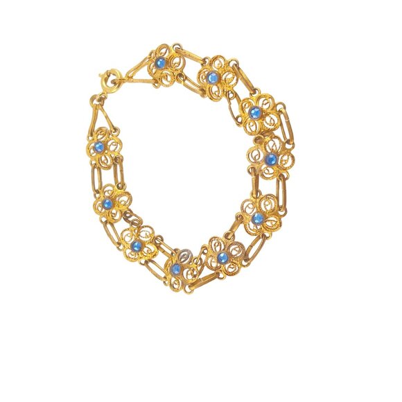 Vintage Gold-Plated Floral Bracelet With Blue Gemstone Accents - Picture 5 of 9